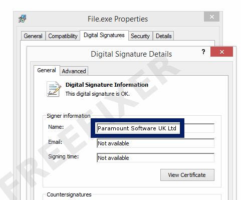 Screenshot of the Paramount Software UK Ltd certificate